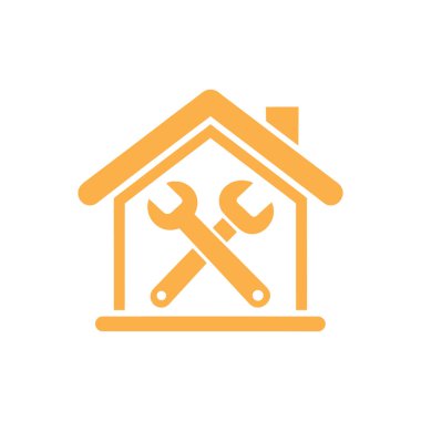 Turuncu renkli ev şeklindeki bir ikonun grafiksel çizimi, içinde iki çapraz anahtar var. Ev onarımı, bakım ve tamirat hizmetlerini temsil ediyor. Beyaz arkaplanda vektör sembolü.