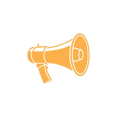 Dijital görüntüde tek bir turuncu renkli megafon, beyaz çizgili, katıksız beyaz arkaplan üzerine kurulu. Duyurular, halk konuşmaları ve pazarlama için ideal.