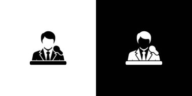 Bir hoparlör ya da hatip tasvir eden minimalist bir vektör ikonunun iki varyasyonu, siyah-beyaz yapılmış, mikrofonla podyumun arkasında sunuluyor..