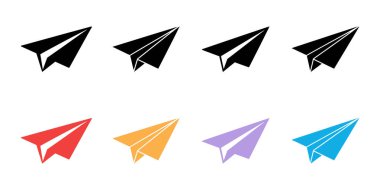 İki satırda sekiz kağıt uçak çizimi. Üst sıra siyah uçaklar içerir; alt sıra kırmızı, sarı, mor ve maviyi içerir. Herkes beyaz arka plana yaslansın..