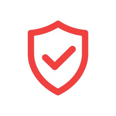 Kırmızı kalkan amblemi ve işaretini gösteren illüstrasyon vektör simgesi, genellikle beyaz arka planda güvenlik, yetkilendirme ve doğrulama için kullanılır..