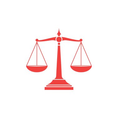 Özet olarak beyaz bir zemin ile adalet terazisinin kırmızı çizimi gösterilir. Hukuku, dengeyi, adaleti ve temiz tasarımıyla hukuk sistemini sembolize eder..