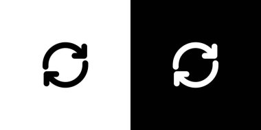 Resim iki yenileme simgesi gösterir, biri beyaz üzerine siyah, diğeri siyah üzerine beyaz, döngüyü sembolize eder, yeniden yükler veya döndürür, kullanıcı arayüzü tasarımı için uygundur.