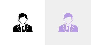 Yan yana iki siluet simgesi bir iş adamını resmediyor. Biri siyah, diğeri lavantalı, ikisi de takım elbise ve kravat takıyor. Temiz, basit tasarım.