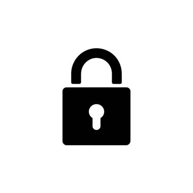 Belirgin bir anahtar deliği olan asma yüzlü asma kilit içeren minimal, siyah-beyaz bir vektör grafiği. Asma kilit simgesi beyaz bir arkaplanda temiz bir şekilde izole edilmiştir.