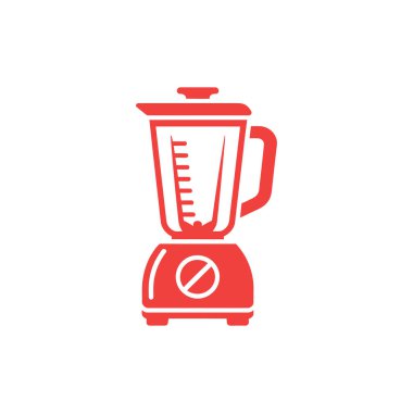 Net bir vektör grafiği bir kırmızı karıştırıcı simgesi gösterir. Blender ölçüm göstergelerini, bir kol, bir kapak ve bir güç düğmesini içeriyor. Temiz ve minimalist tasarım, beyazda izole edilmiş..