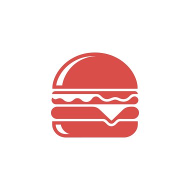 Bu izole edilmiş vektör illüstrasyonunda basit, stilize kırmızı bir hamburger, ekmek çörekleri, bir köfte ve eritme peyniri bulunur..