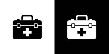 Şeffaf bir arkaplan üzerinde bir sapı ve tıbbi haç sembolü ile tamamlanmış bir ilk yardım çantasının siyah-beyaz çizimini içerir.