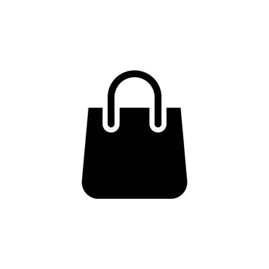 A minimalist black and white vector illustration of a shopping bag icon, featuring a curved handle and a solid fill, isolated on a clean background.