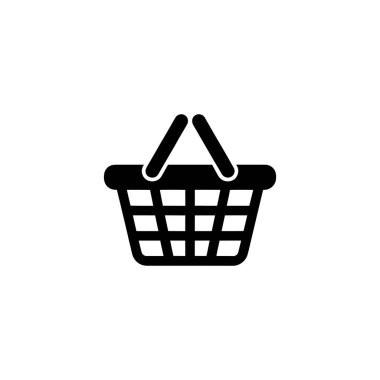 Basit bir sanat tarzında yapılmış minimalist bir siyah alışveriş sepeti ikonu. Beyaz arkaplanda kare ızgara desen ve çift kulplu özellikler.