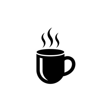 A simplistic vector illustration showing a black coffee mug with rising steam, isolated on a white background. This design is perfect for representing hot beverages or coffee breaks.