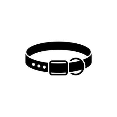 Bu görüntü, bir köpek tasmasının, ayarlanabilir bir tokası ve bir tasma takmak için metal bir halkası olan katı bir siyah vektör simgesini içerir. Beyazda izole edilmiş.