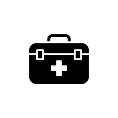 Şeffaf arkaplanda basit bir siyah ilk yardım çantası simgesi. Çantanın sapı var, beyaz haç merkezli. Minimalist tasarım, kolayca entegre edilebilir, evrensel sağlık sembolü.