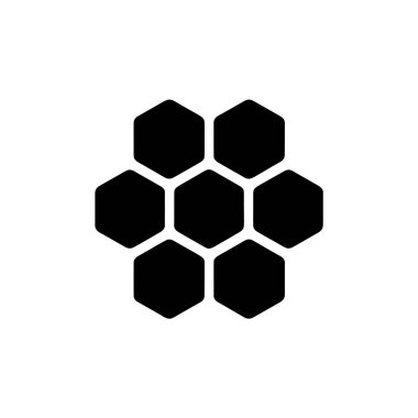 Seven black hexagons symmetrically arranged in a central cluster on a white background, creating a honeycomb or cellular pattern, ideal for graphic elements and design projects.