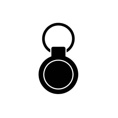 Black silhouette graphic showcases a circular keyring tag or tracker, suggesting a modern accessory, gadget, or item with a distinct round shape, isolated against white.