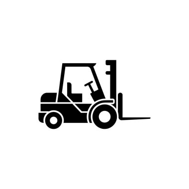 İzole edilmiş bir siyah ve beyaz vektör görüntüsü, direksiyon ve çatallı bir forklift, kalın çizgiler ve çeşitli endüstriyel bağlamlar için mükemmel minimalist bir tasarım gösteriyor..