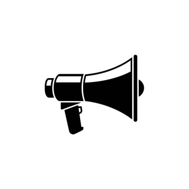 Simsiyah bir siluet, aynı zamanda hoparlör olarak da bilinen bir megafonu tasvir eder, elle tutulma için açılı bir sapı vardır. Beyaz bir arkaplanda izole edilmiş..