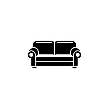 Depicts a solid black vector silhouette of a two-seater sofa with rounded armrests, prominent cushions, and compact legs, set against a plain white background.