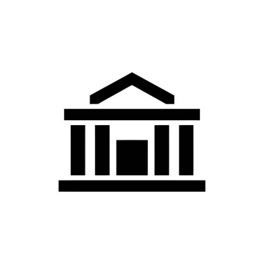Beyaz bir arkaplanda izole edilmiş klasik sütunlara sahip simetrik bir binaya sahip siluet tarzı bir simge. Basit tasarım gücü iletir.