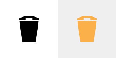 Biri siyah diğeri sarı olmak üzere iki çöp kutusu simgesi, temiz estetik için ayrılmış beyaz arka planlara karşı düz bir tasarım tarzında sunuldu.