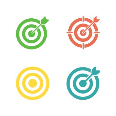 Çeşitli hedef simgelerini yeşil, kırmızı, sarı ve mavi renkte çizer. Doğruluk ve nesnel başarıyı göstermek için mükemmel. Beyaz arkaplan üzerindeki vektör biçimi.