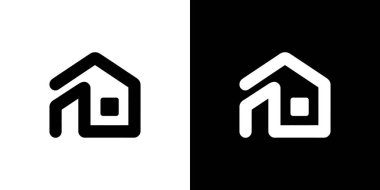 Siyah ve beyaz logo tasarımı. Kare pencereli bir evin ana hatları. Şeffaf arkaplan üzerinde basit çizgileri olan modern tasarım.