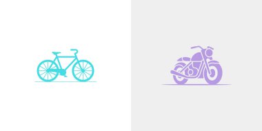 Mor motosiklet ikonunun yanında bir Cyan bisiklet ikonu var. Her ikisi de düz, düz bir dizaynla temiz beyaz arka plana karşı..