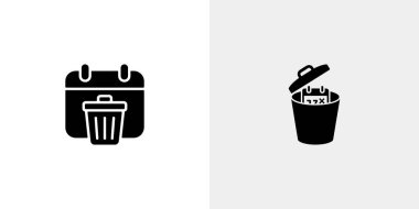 Siyah ve beyaz vektör bir takvim simgesi ile bir çöp kutusu simgesi, takvim içeren bir çöp kutusunun yanında, şeffaf bir arkaplan karşı ayarlanır.