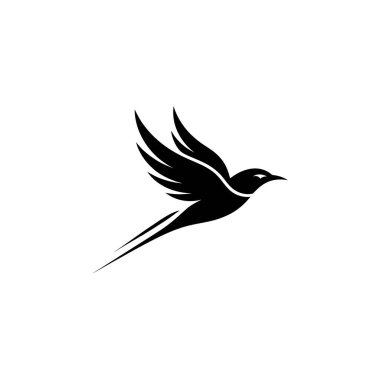 Detailed black silhouette of a bird with stylized wings and streamlined tail feathers soaring against a clean white backdrop, offering a modern and minimalist aesthetic.