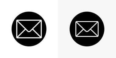 Grafik, beyaz çizgili iki e-posta ikonu sunuyor, açık arkaplandaki siyah yuvarlak tuşlara karşı. Basit düz vektör.