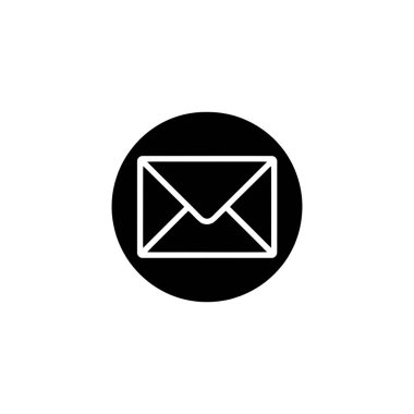 Bu resimde, beyaz çizgili bir zarf simgesi beyaz bir arkaplan üzerine koyu siyah bir daire şeklinde yerleştirilmiş, zıt ve temiz bir görünüm sunuyor.