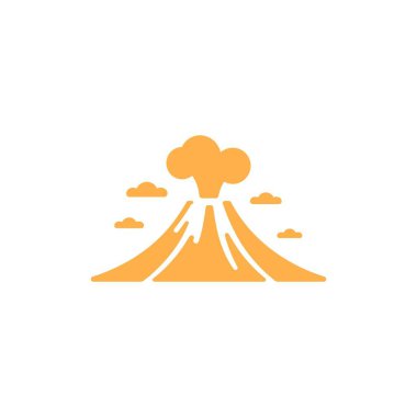 Düz stil illüstrasyon, lav akıntıları ve çevreleyen bulutlarla şeffaf bir zemin üzerine kurulmuş patlayan bir volkanı tasvir eder. Minimalist tasarımlar için ideal.