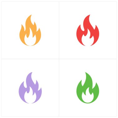 Beyaz arka planda turuncu, kırmızı, eflatun ve yeşilden oluşan dört farklı renk alev ikonu. Ateş alevleri tasarım ögesi.
