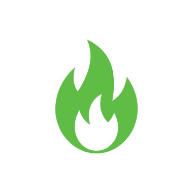 Parlak yeşil alevleri olan stilize edilmiş ateş, minimalist tasarım, çok yönlü kullanım için izole edilmiş. Şeffaf bir arkaplanda temiz vektör şekli.