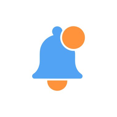 Vektör illüstrasyonu turuncu dairesel uyarı göstergesi ve alt aksanı olan düz mavi bir çan simgesi gösteriyor. Resim basit ve temiz grafik tasarımı içerir.