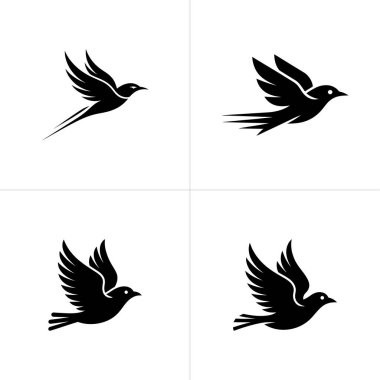Görüntü, her biri belirgin kanat ve kuyruk özelliklerine sahip dört adet stilize siyah kuş silueti gösteriyor. Beyaz arka plan, minimalist estetik..