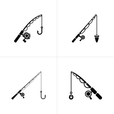 Bu grafikte dört farklı siyah-beyaz olta, kancalar, şamandıralar ve makaralar var. Hepsi de temiz beyaz bir arkaplana karşı yerleştirilmiş..