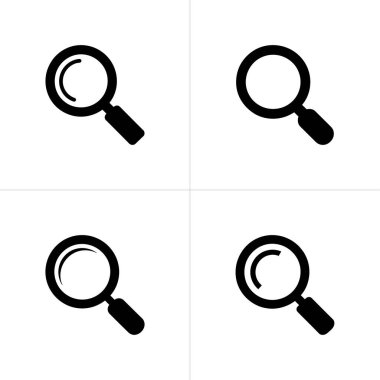 Kare görüntüde dört tane siyah beyaz büyüteç simgesi var. Tasarımlar biraz farklıdır, beyaz arkaplanda temiz bir vektör tarzında izole edilmiş olarak gösterilir.