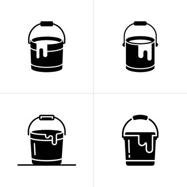 Bu resim, damlayan boyalarla boya kovalarını temsil eden dört farklı siyah ve beyaz vektör ikonunun bir koleksiyonunu gösteriyor, temiz ve minimalist bir tasarım sunuyor..