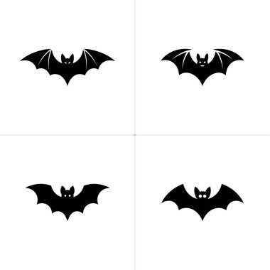 Bir ızgara, her biri değişken kanat şekillerine sahip dört farklı siyah yarasa siluetini, koyu beyaz arkaplan ile gösterir; Cadılar Bayramı simgeleri veya vektör tasarımları için mükemmeldir.