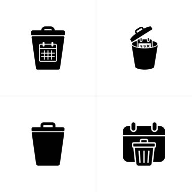 Özellikler dört takvim ve çöp kutusu simgeleri. Basit şekiller, minimalist tasarım, ve çok yönlülük için beyaz arka plana karşı koyu siyah renk.