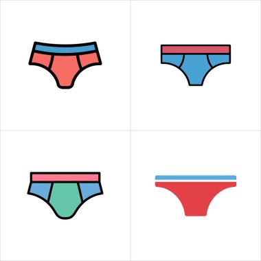 Dört basit iç çamaşırı her biri farklı renk şemaları sunar, canlı renkler ve farklı stiller içerir, temiz, şeffaf bir arkaplana karşı ayarlanır ve benzersiz biçimlerini vurgular..