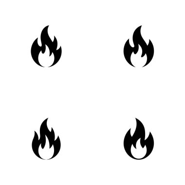 Bir vektör illüstrasyonu, her biri eşsiz biçimde biçimlendirilmiş ve beyaz bir arkaplana karşı dizilmiş dört siyah alev simgesi sunar. Bir kare düzeninde simetrik olarak düzenlenmiştir.