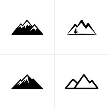 Bu resim siyah bir dağ ikonunun dört varyasyonunu gösteriyor. Tasarımlar arasında tek bir çam ağacı resmedilmiş sert dağ şekilleri ve ana hatları yer alıyor..