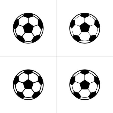 Siyah ve beyaz panellerle özdeş dört futbol topu, parlak beyaz arka planda, minimalist tasarıma karşı bir ızgarada düzenlenir..