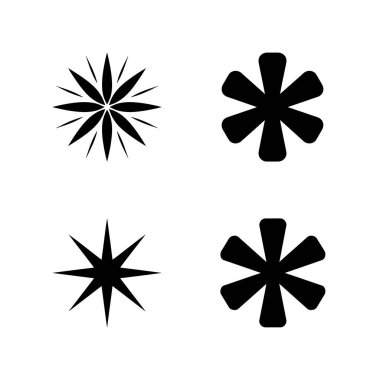 Bu resim, keskin ve yuvarlak stilli, şeffaf arkaplanlı dört yıldız patlaması dizaynı sergiliyor. Siyah ve Beyaz minimalist grafik tasarımı.