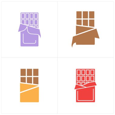 Mor, kahverengi, turuncu ve kırmızı renkli çikolata parçalarını temsil eden renkli minimalist simgelerden oluşan bir ızgara..