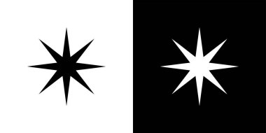 Siyah ve beyaz zıt şekillerde eşit olarak bölünmüş geometrik yıldız özellikleri. Çeşitli grafik uygulamaları ve yaratıcı projeler için uygun bir minimalist vektör tasarımı.