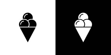 This image shows two versions of an ice cream cone icon, one in black on white, and the other in white on black, both styled as minimalist line art.