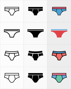 Vektör simgeleri olarak gösterilen iç çamaşırları, siyah çizgilerde sergilenen minimalist stiller, katı dolgu ve temiz beyaz arka planlara karşı cesur renk kombinasyonları.